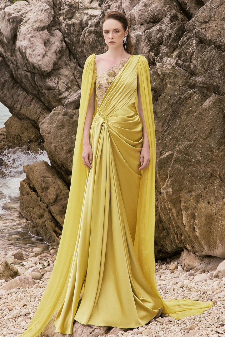 Estella Sarong Cape Sleeved Silk Satin Floor Length Dress - MEAN BLVD