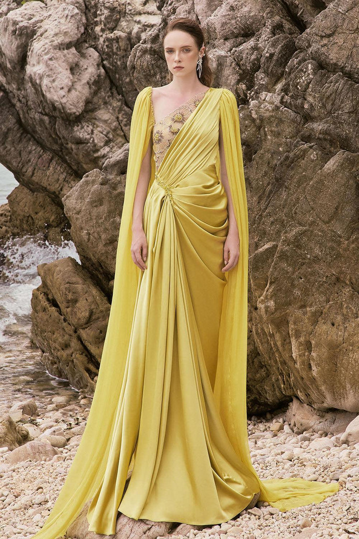 Estella Sarong Cape Sleeved Silk Satin Floor Length Dress - MEAN BLVD