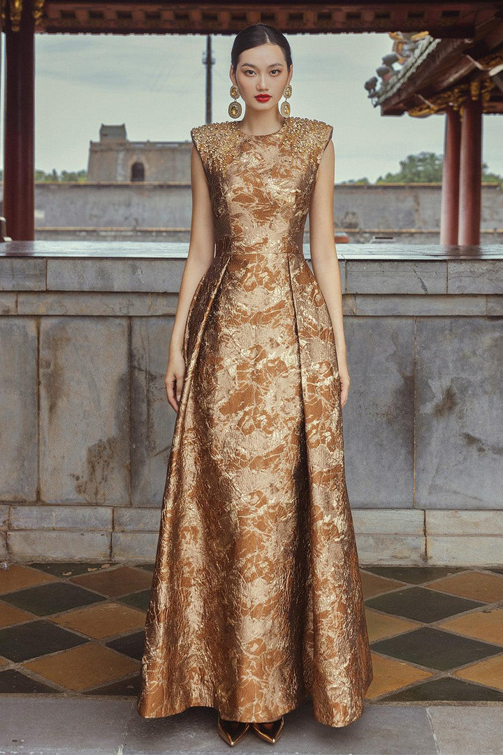 Estelle A-line Cap Sleeved Brocade Floor Length Dress - MEAN BLVD