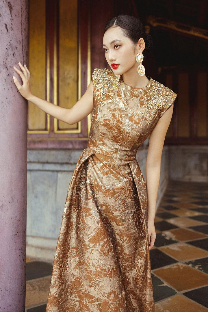 Estelle A-line Cap Sleeved Brocade Floor Length Dress - MEAN BLVD