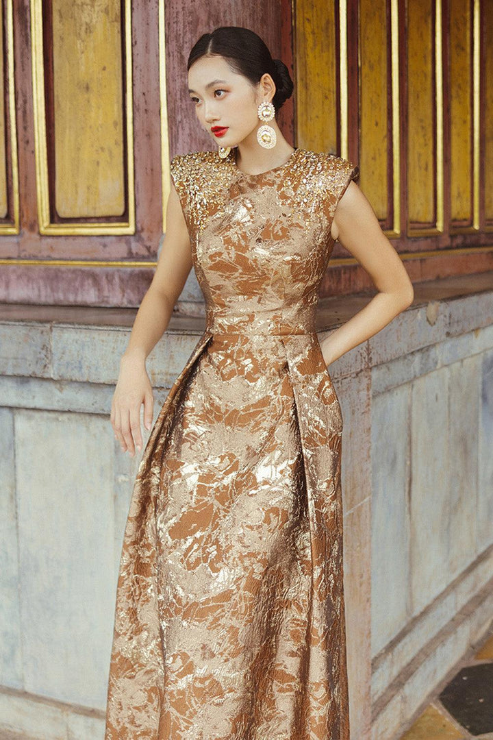 Estelle A-line Cap Sleeved Brocade Floor Length Dress - MEAN BLVD