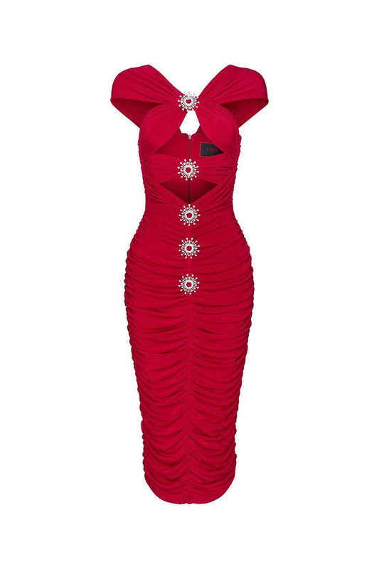 Estrella Bodycon Gathered Spandex Midi Dress - MEAN BLVD