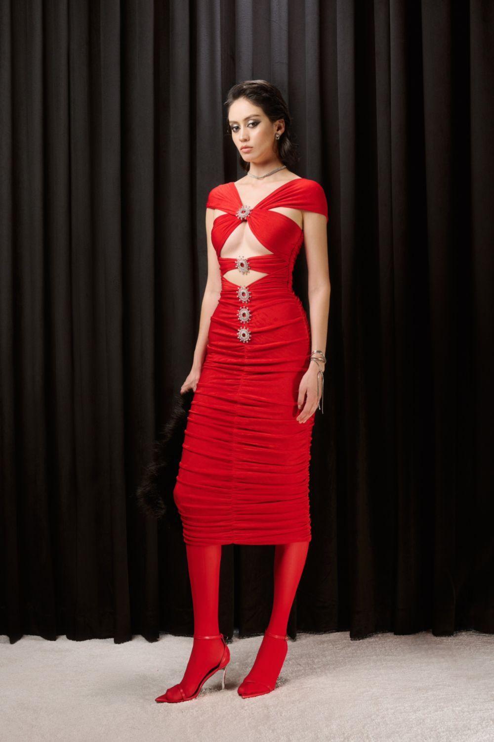 Women's Estrella Bodycon Gathered Spandex Midi Dress XXS/XS/S/M/L Red MEAN BLVD
