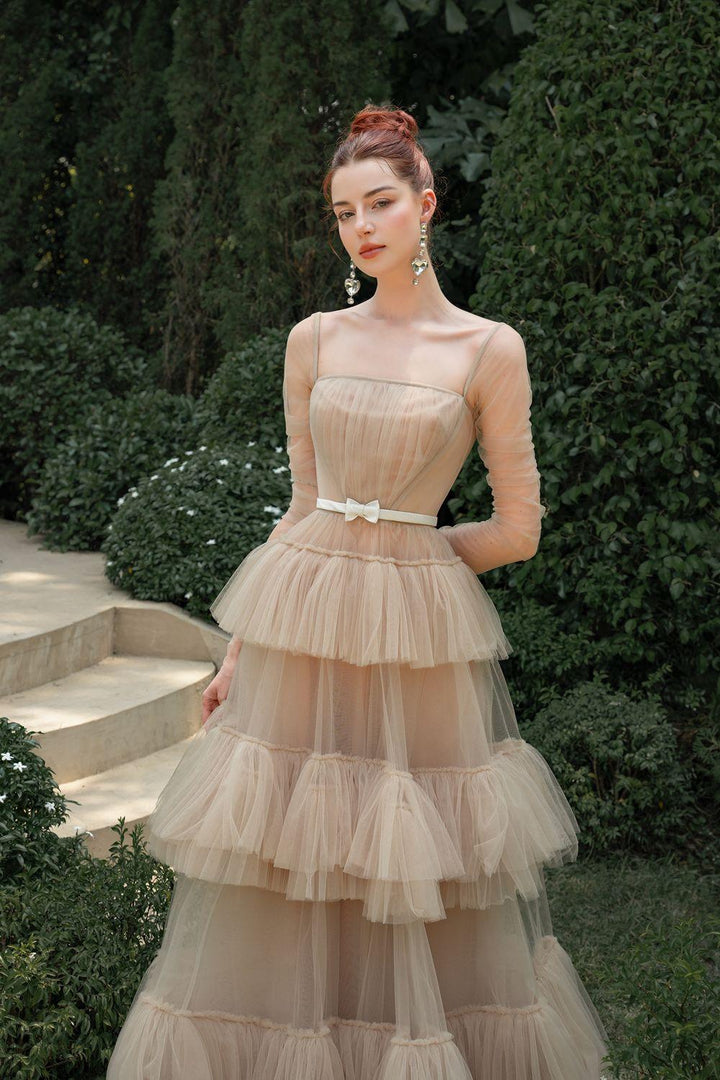 Ethereal Layered Square Neck Tulle Floor Length Dress - MEAN BLVD