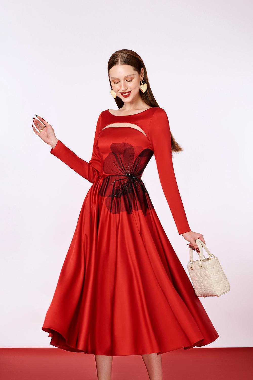 Women's Eunoia Fit and Flare Boat Neck Polyester Midi Dress S/M/L Red MEAN BLVD