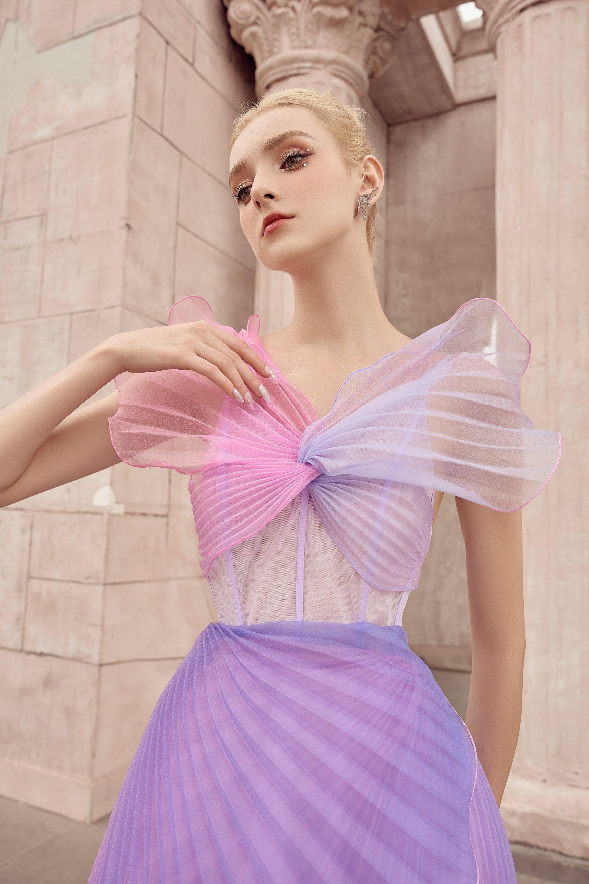 Euterpe Pleated V-Neck Chiffon Mini Dress - MEAN BLVD