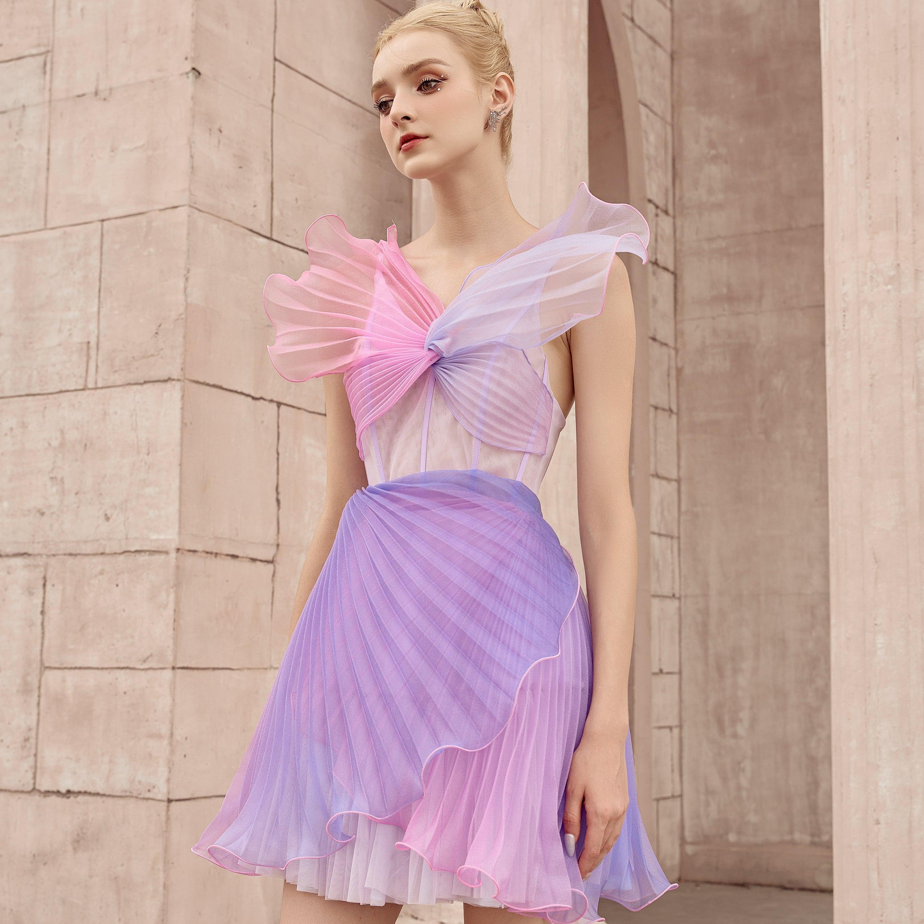 Euterpe Pleated V-Neck Chiffon Mini Dress - MEAN BLVD