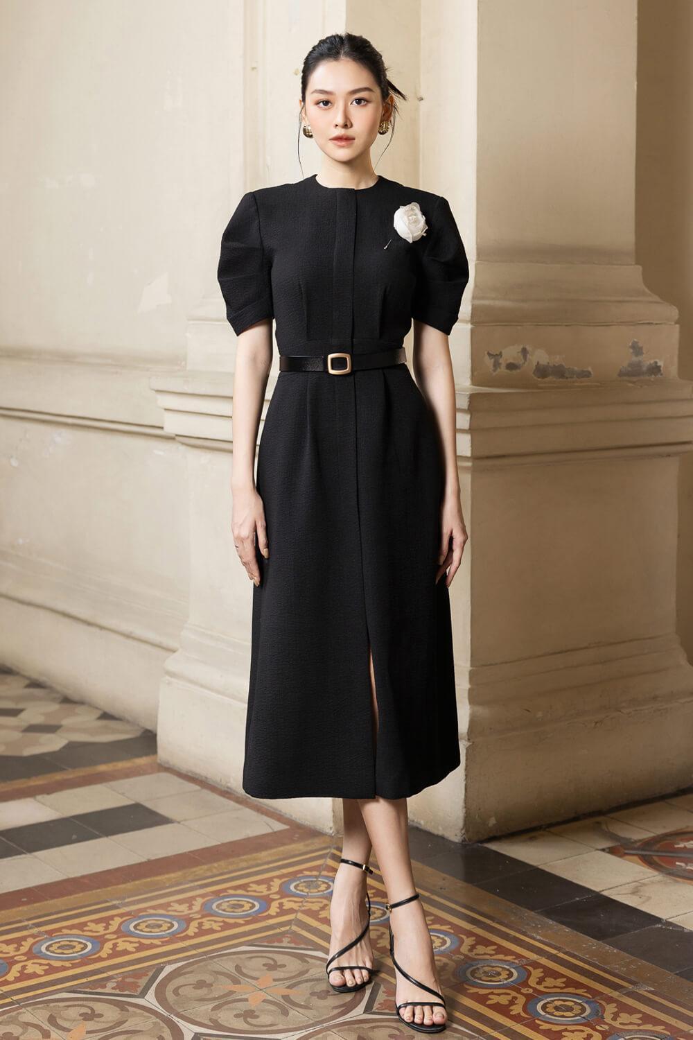 Eva Slit Puffy Sleeved Wool Midi Dress - MEAN BLVD