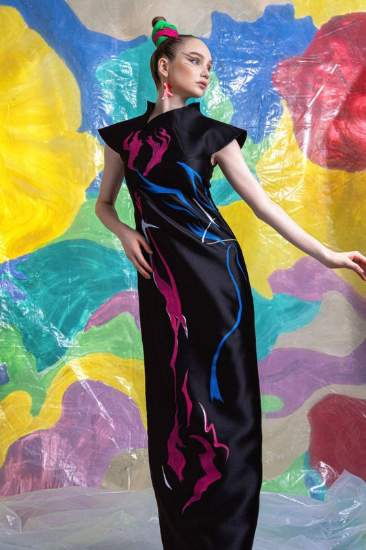 Evander Straight Asymmetric Neck Zibeline Floor Length Dress - MEAN BLVD