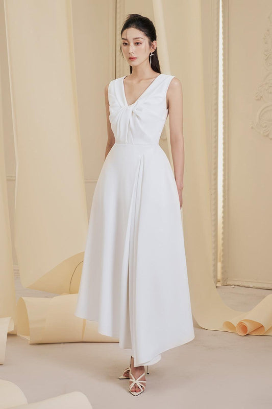 Evara Asymmetric Twisted Cotton Spandex Ankle Length Dress - MEAN BLVD