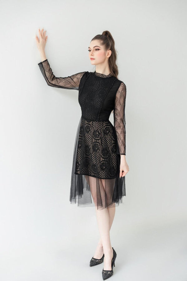 Evelyn A-line Long Sleeved Lace Below The Knee Dress - MEAN BLVD
