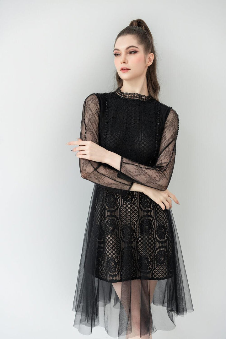 Evelyn A-line Long Sleeved Lace Below The Knee Dress - MEAN BLVD