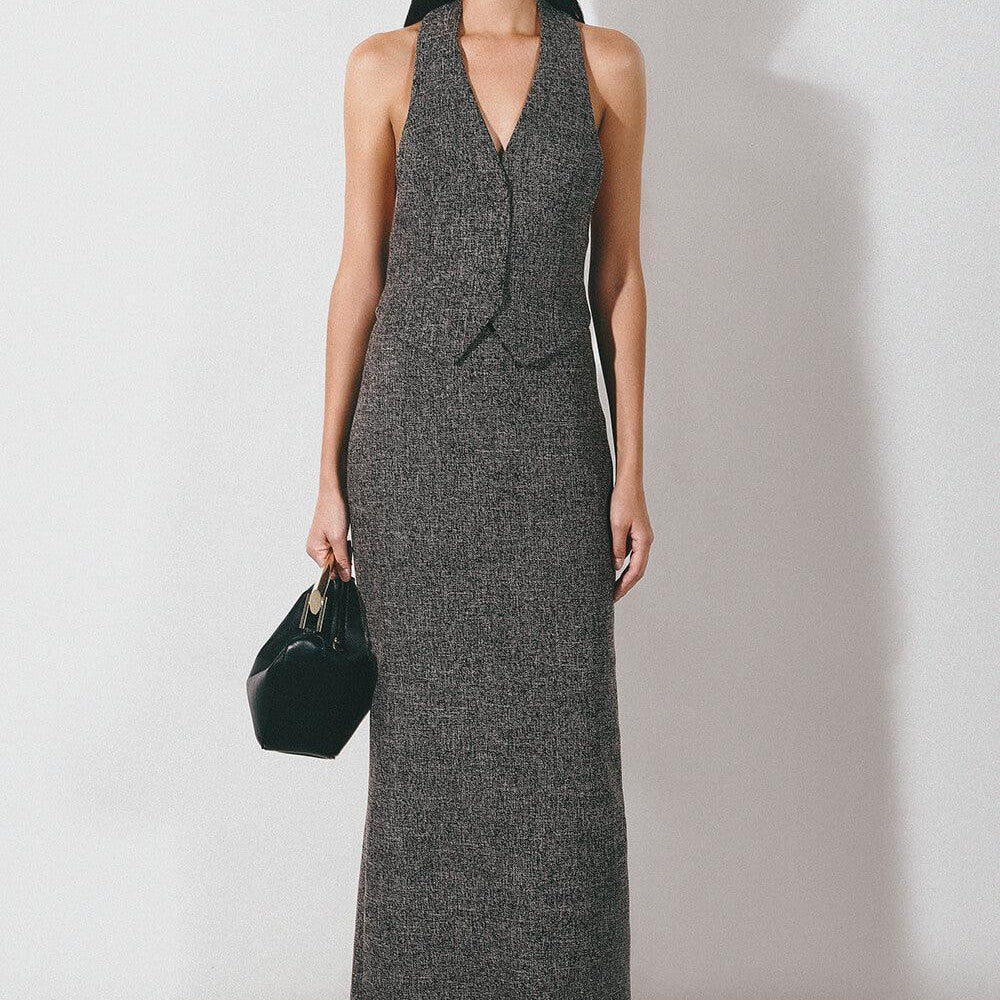Fallon Halter Back Slit Tweed Floor Length Set - MEAN BLVD