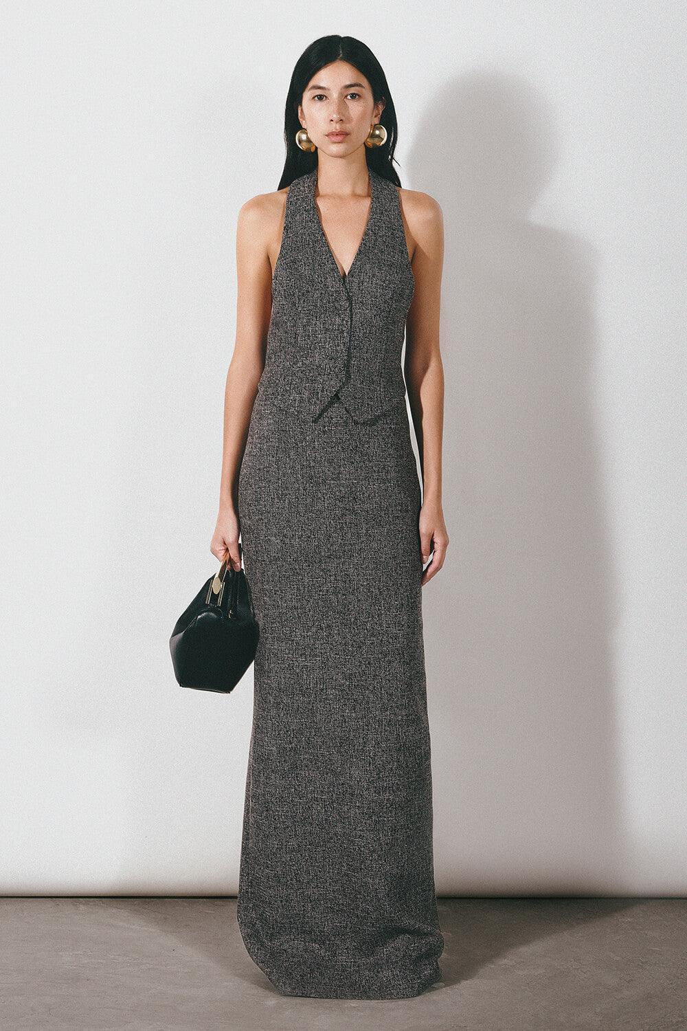 Fallon Halter Back Slit Tweed Floor Length Set - MEAN BLVD