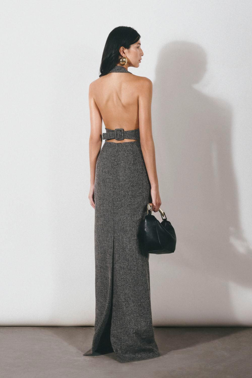 Fallon Halter Back Slit Tweed Floor Length Set - MEAN BLVD