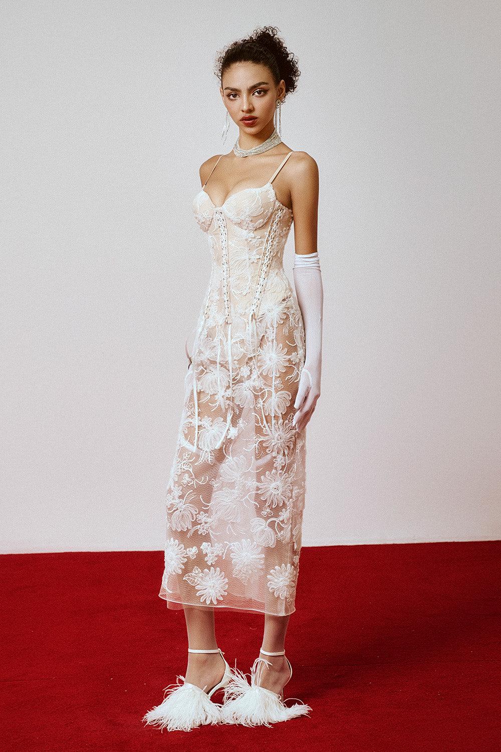 Women's Fancle Sheath Spaghetti Strap Lace Midi Dress Customize Beige MEAN BLVD Women's Fancle Sheath Spaghetti Strap Lace Midi Dress Customize Beige MEAN BLVD