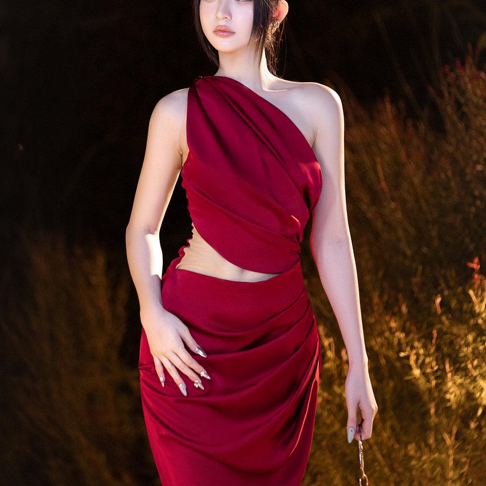 Fanny Asymmetric Side Pleated Mesh Silk Midi Dress - MEAN BLVD