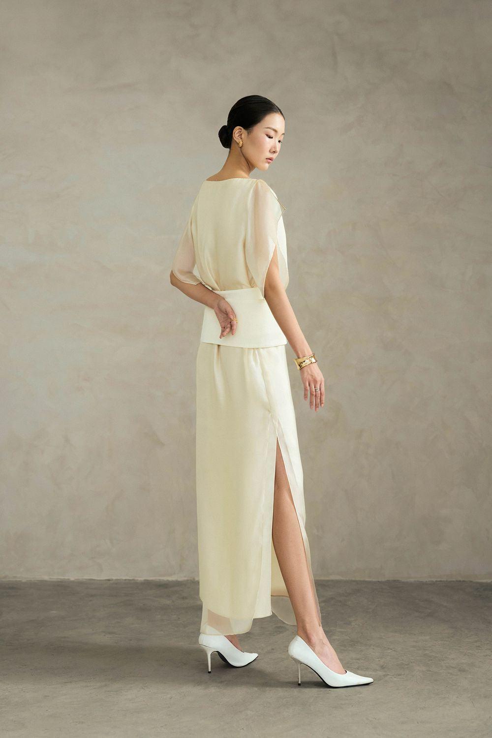 silk ankle length dress Women's Perla A-line Asymmetric Neck Silk Ankle Length Dress S/M/L/XL Yellow/Pink/Black MEAN BLVD Yellow / Customize