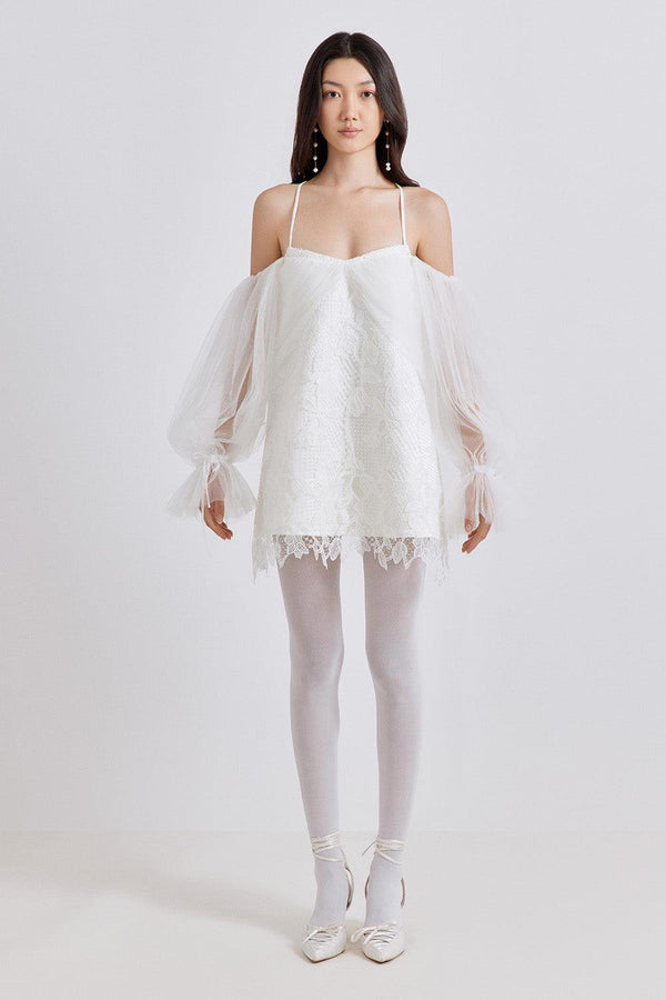 Farissa Trapezoid Cold Shoulder Sleeved Taffeta Lace Mini Dress - MEAN BLVD