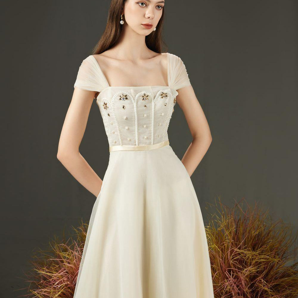 Farlay A-line Pleated Sleeved Organza Maxi Dress - MEAN BLVD