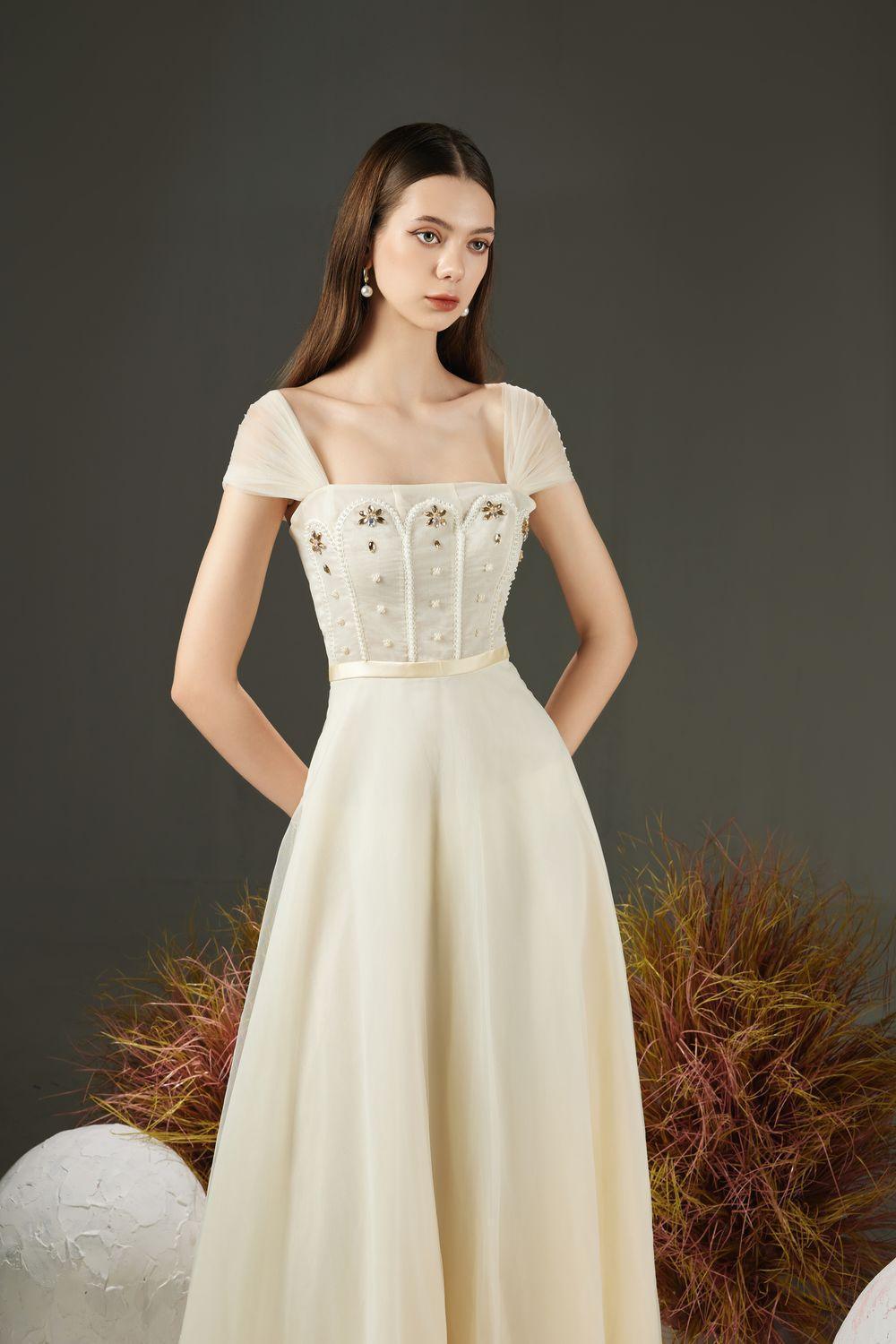 Farlay A-line Pleated Sleeved Organza Maxi Dress - MEAN BLVD