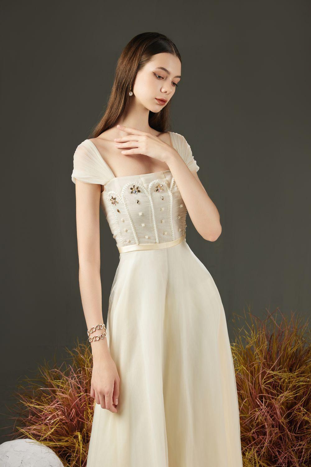 Farlay A-line Pleated Sleeved Organza Maxi Dress - MEAN BLVD