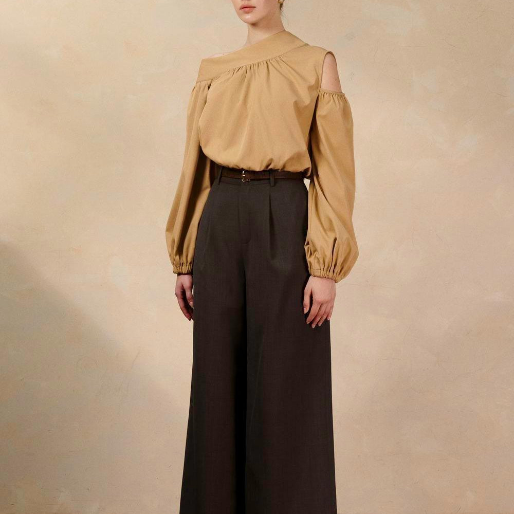 Farrah Cropped Asymmetric Neck Raw Fabric Top - MEAN BLVD