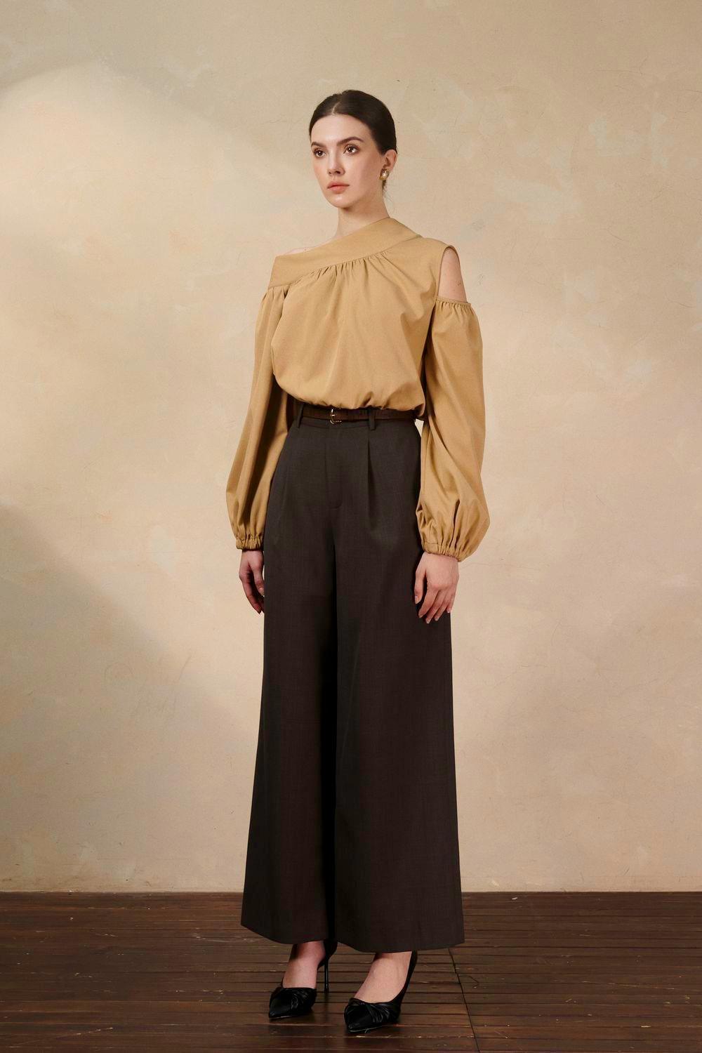 Farrah Cropped Asymmetric Neck Raw Fabric Top - MEAN BLVD
