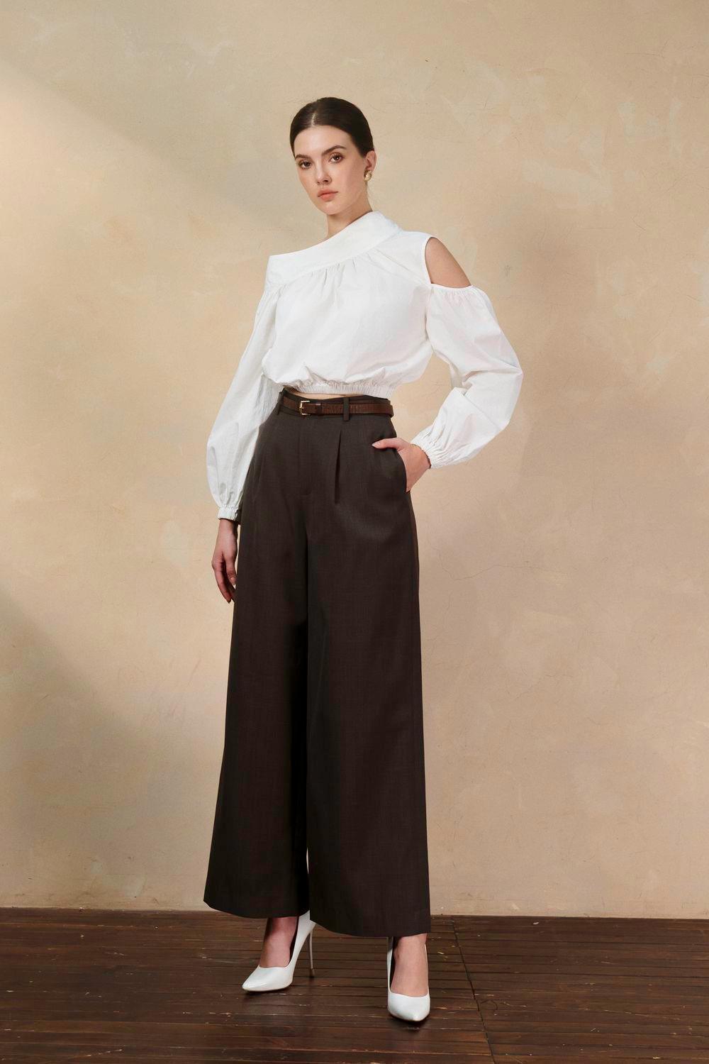 Farrah Cropped Asymmetric Neck Raw Fabric Top - MEAN BLVD