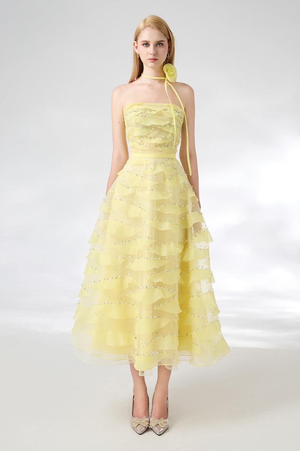 Fatima Fit and Flare Straight Across Neck Organza Midi Dress - MEAN BLVD