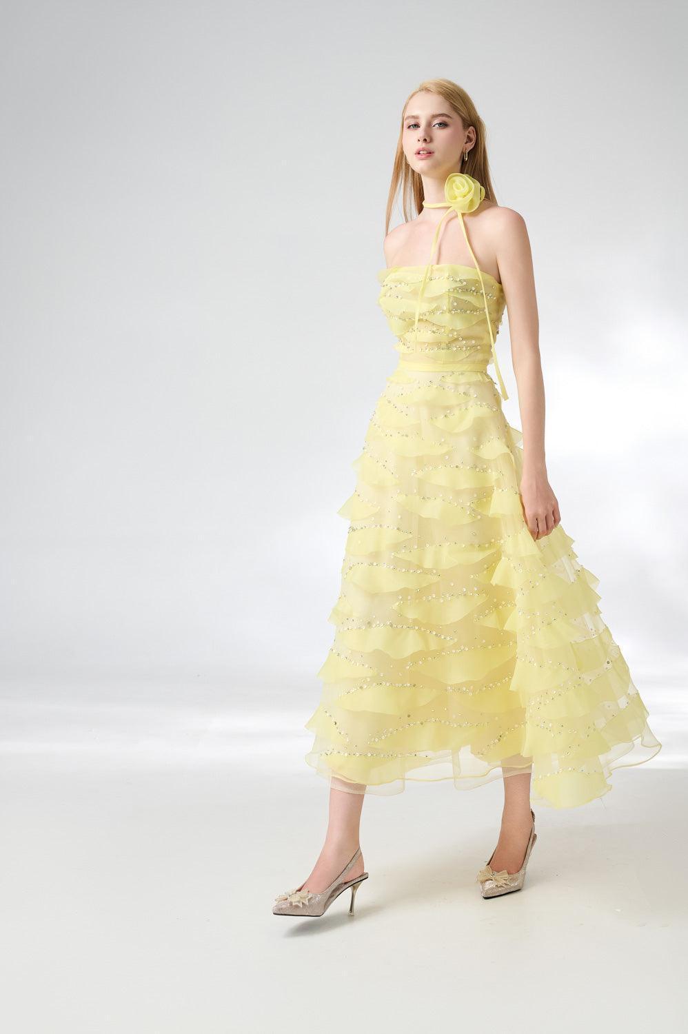Fatima Fit and Flare Straight Across Neck Organza Midi Dress - MEAN BLVD