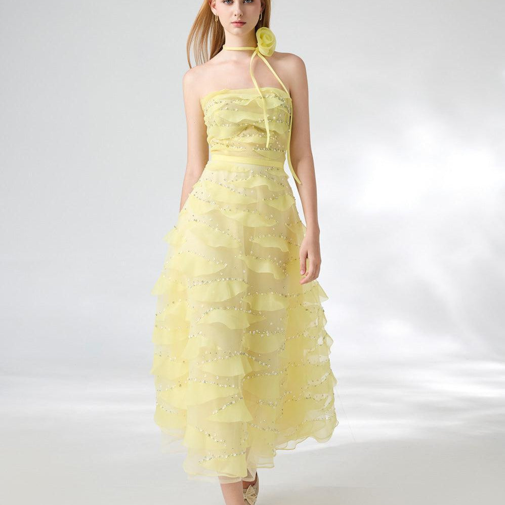Fatima Fit and Flare Straight Across Neck Organza Midi Dress - MEAN BLVD