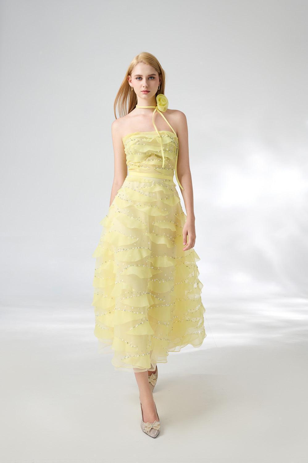 Women's Fatima Fit and Flare Straight Across Neck Organza Midi Dress XS/S/M/L/XL/Customize Light Yellow MEAN BLVD, Light Yellow / XS Women's Fatima Fit and Flare Straight Across Neck Organza Midi Dress XS/S/M/L/XL/Customize Light Yellow MEAN BLVD, Light Yellow / XS