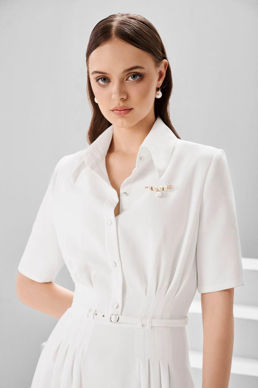 Faye A-line Shirt Collar Crepe Midi Dress - MEAN BLVD
