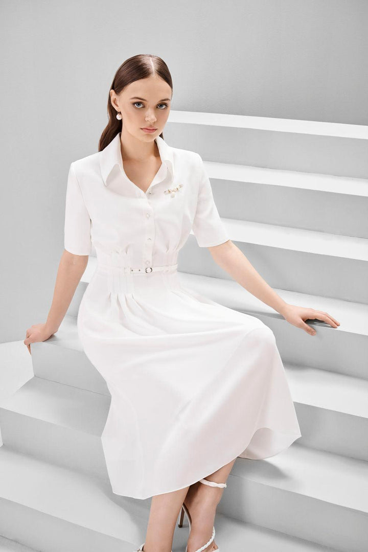 Faye A-line Shirt Collar Crepe Midi Dress - MEAN BLVD