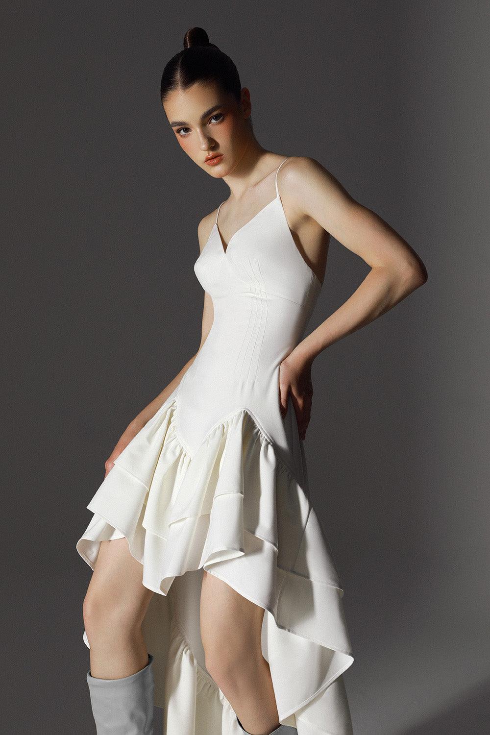 Women's Fey Drop Waist Ruffle Layer Wool Cotton High-low Dress 0/1/2/Customize White MEAN BLVD White / 1 Women's Fey Drop Waist Ruffle Layer Wool Cotton High-low Dress 0/1/2/Customize White MEAN BLVD White / 1
