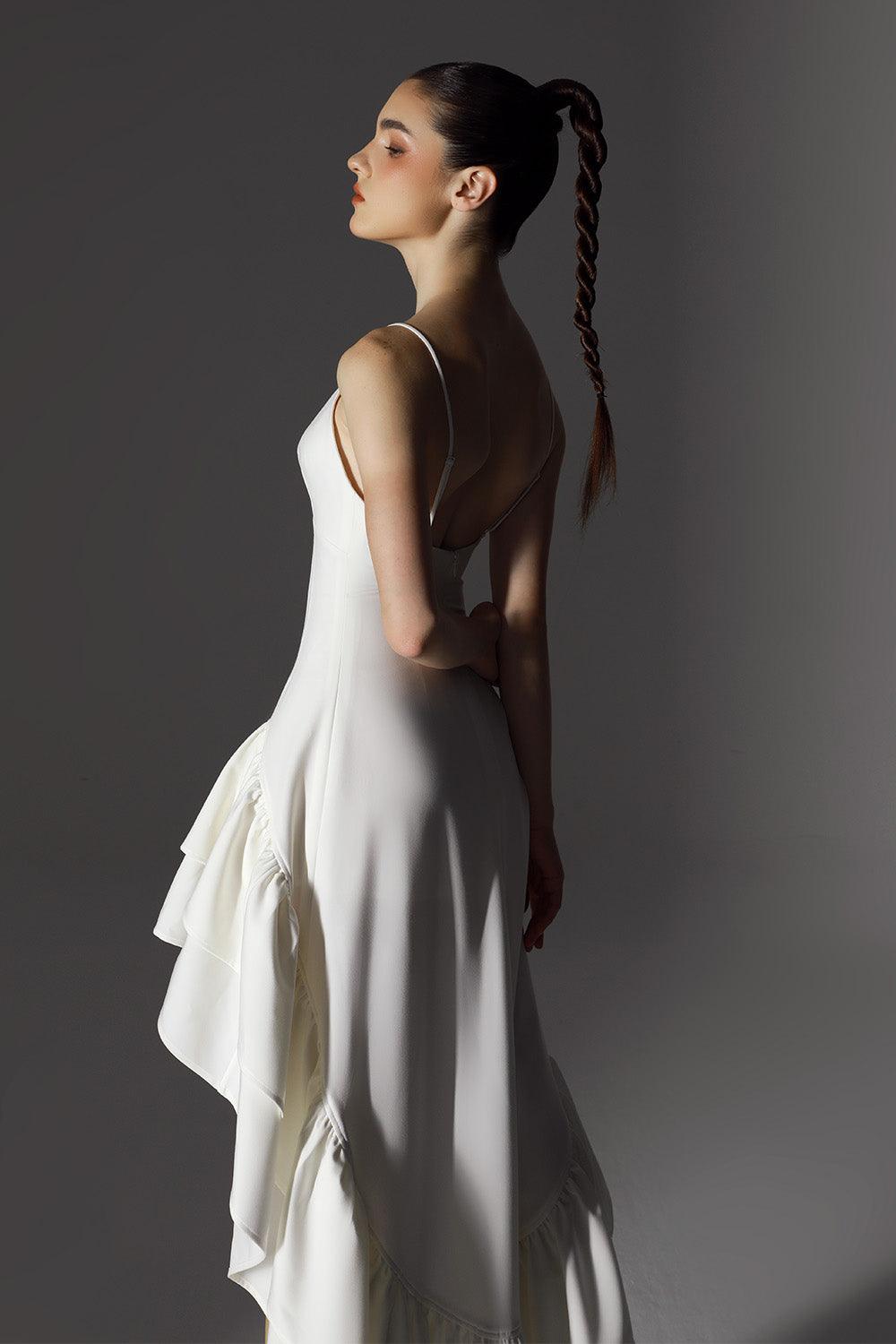 Fey Drop Waist Ruffle Layer Wool Cotton High-low Dress White / Customize