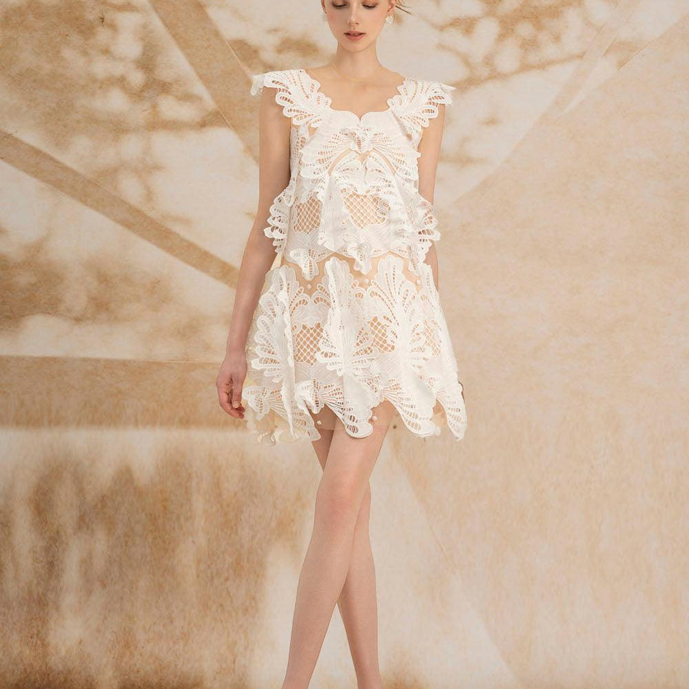 Fiamma Trapezoid Cap Sleeved Cotton Lace Mini Dress - MEAN BLVD