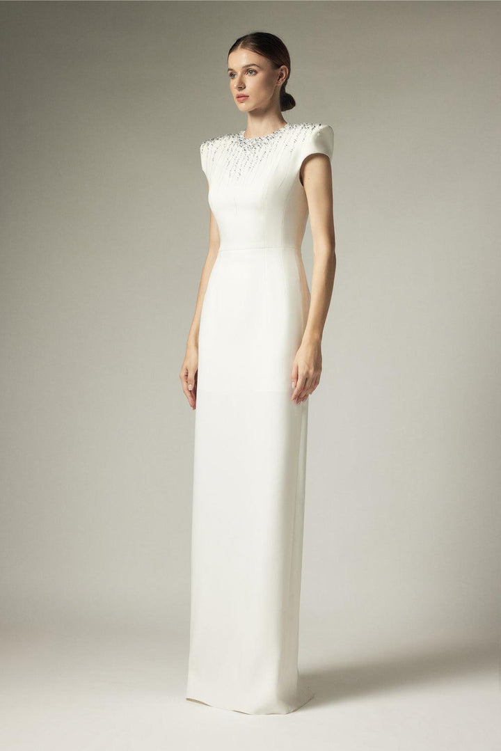 Fiona Sheath Stone Crepe Floor Length Dress - MEAN BLVD