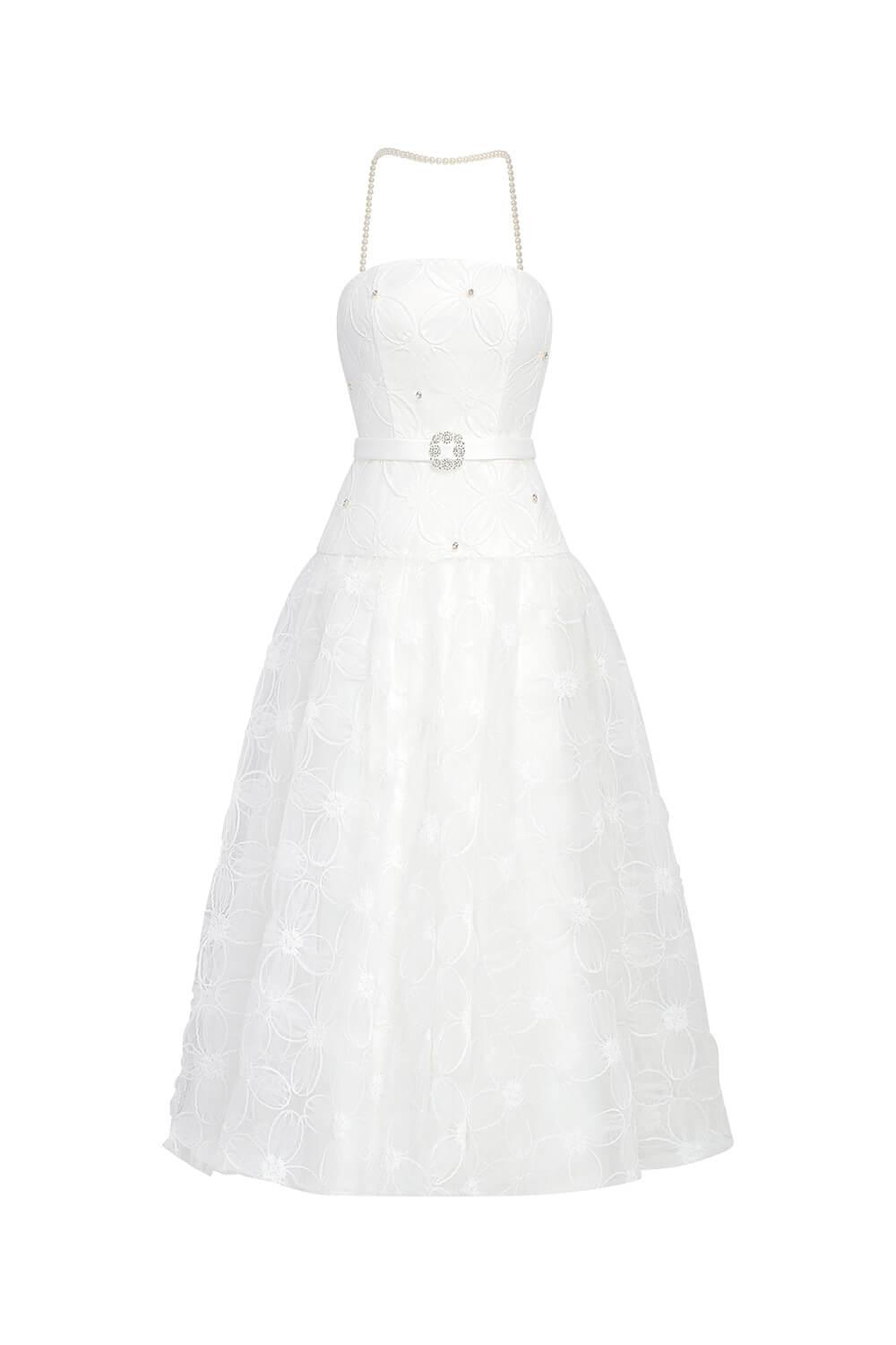 Fiona Strapless Straight Across Neck Tulle Midi Dress - MEAN BLVD