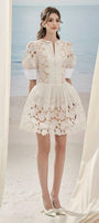 Floral A-line Puffy Sleeved Lace Mini Dress - MEAN BLVD