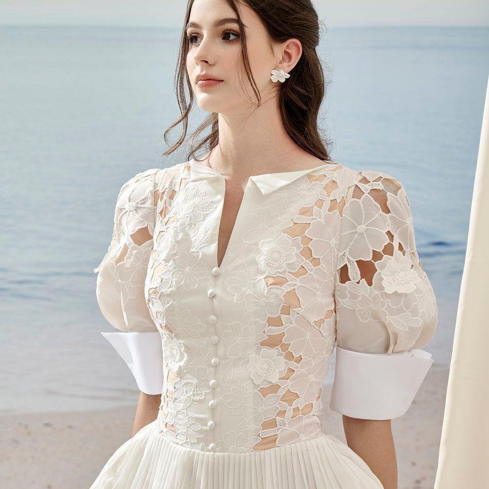 Floral A-line Puffy Sleeved Lace Mini Dress - MEAN BLVD