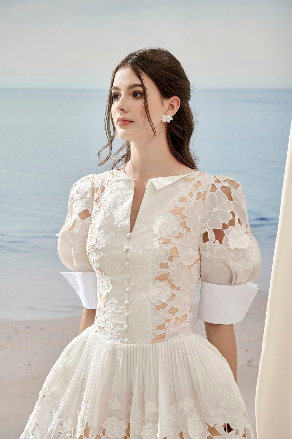 Women's Floral A-Line Puffy Sleeved Lace Mini Dress S/M/L White Mean Blvd S / White Women's Floral A-Line Puffy Sleeved Lace Mini Dress S/M/L White Mean Blvd S / White