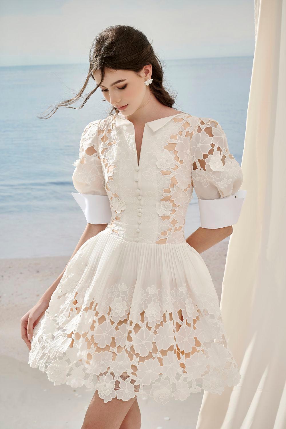 Women's Floral A-line Puffy Sleeved Lace Mini Dress S/M/L White MEAN BLVD S / White Women's Floral A-line Puffy Sleeved Lace Mini Dress S/M/L White MEAN BLVD S / White