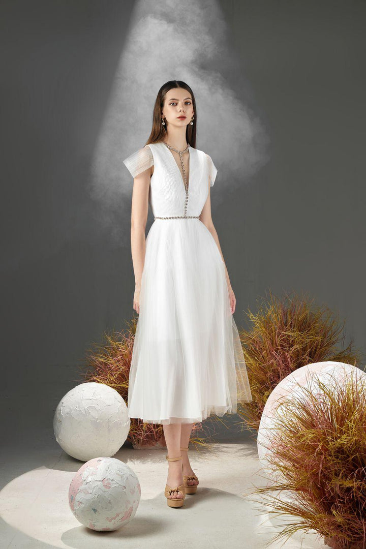 Florence A-line Cold Shoulder Sleeved Organza Midi Dress - MEAN BLVD
