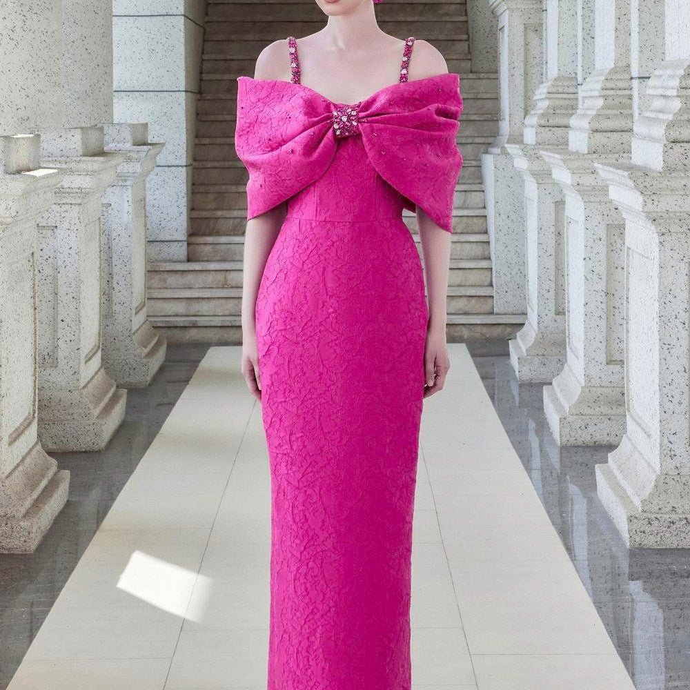 Fortuity Pegged Cold Shoulder Sleeved Jacquard Floor Length Dress - MEAN BLVD
