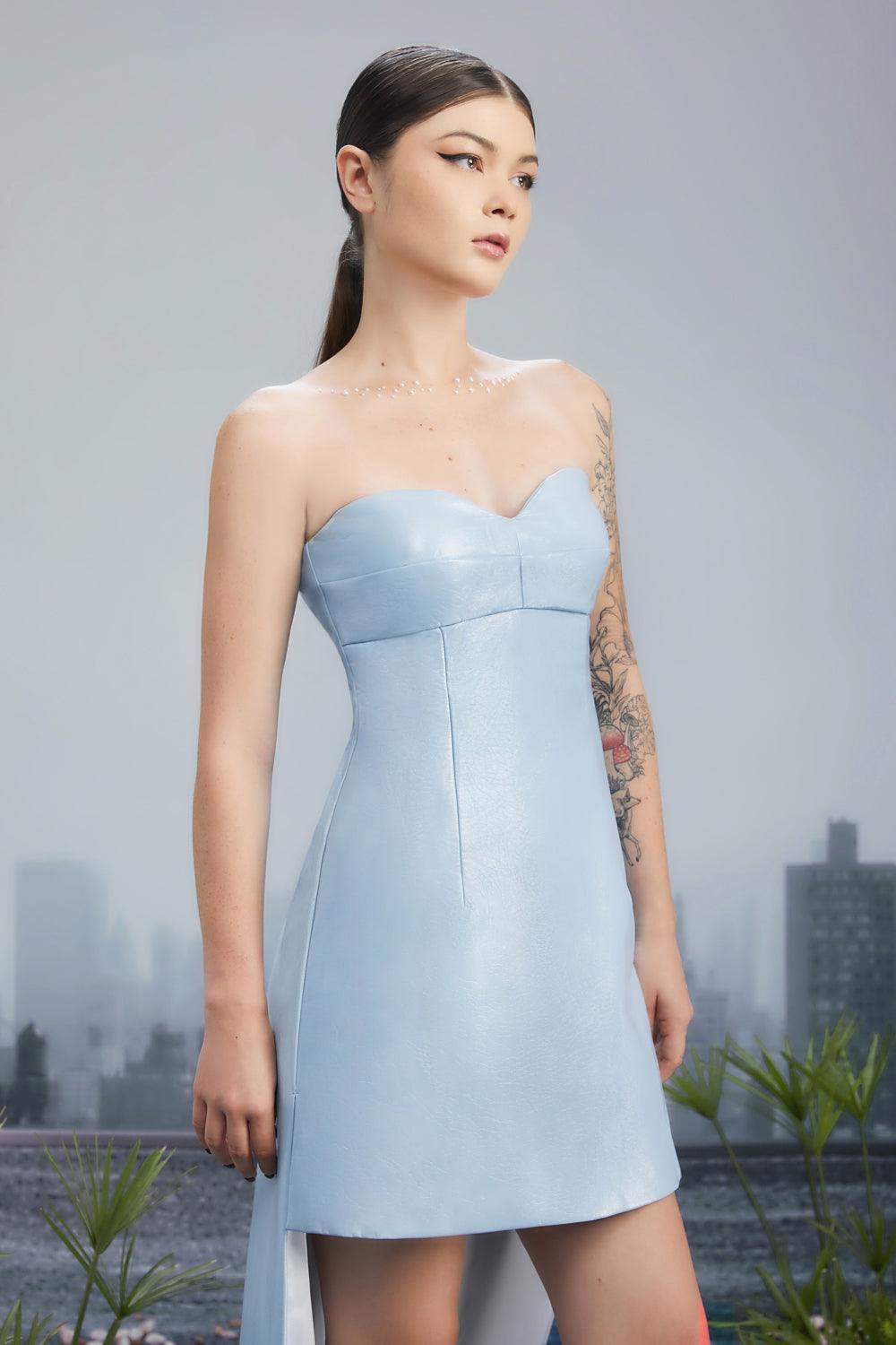 Women's Fountain Strapless Chest Cup Bicast Leather (Pu Leather) High-low Dress 0/1/2 Cyan MEAN BLVD, Cyan / 0
