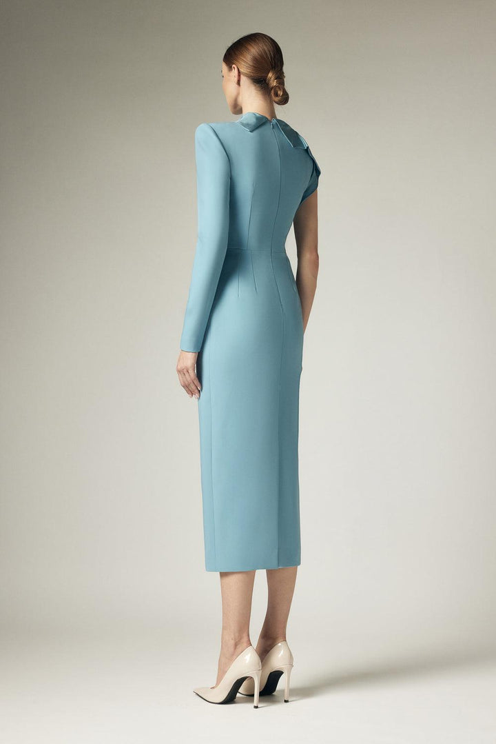 Freda Sheath Asymmetric Sleeved Crepe Calf Length Dress - MEAN BLVD