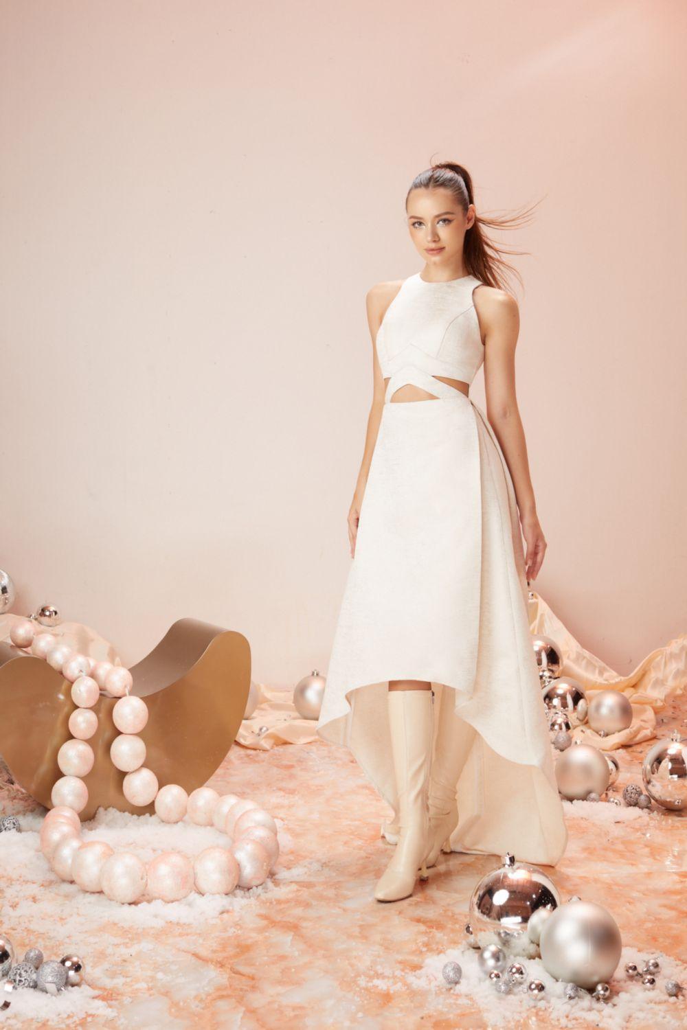 Frosty Asymmetric Round Neck Brocade High-low Dress - MEAN BLVD