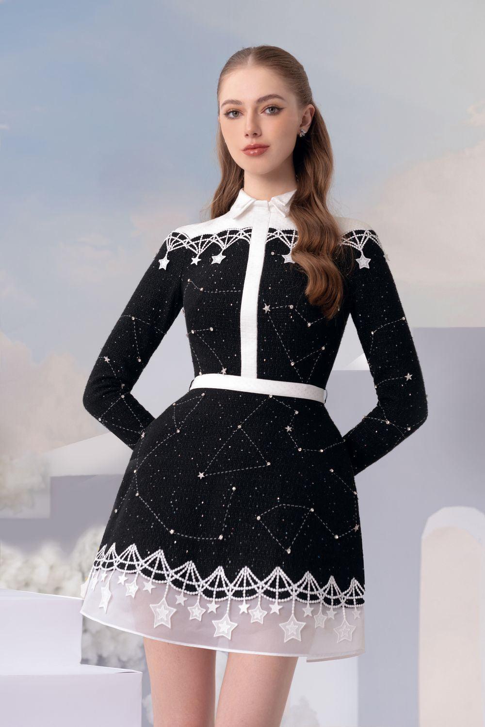 galaxy mini dress Women's Galaxy A-line Long Sleeved Taffeta Mini Dress S/M/L Black and White  MEAN BLVD